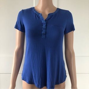NYDJ Blue Short Sleeves Button Pleated Tee Shirt PXXS Petite XXS